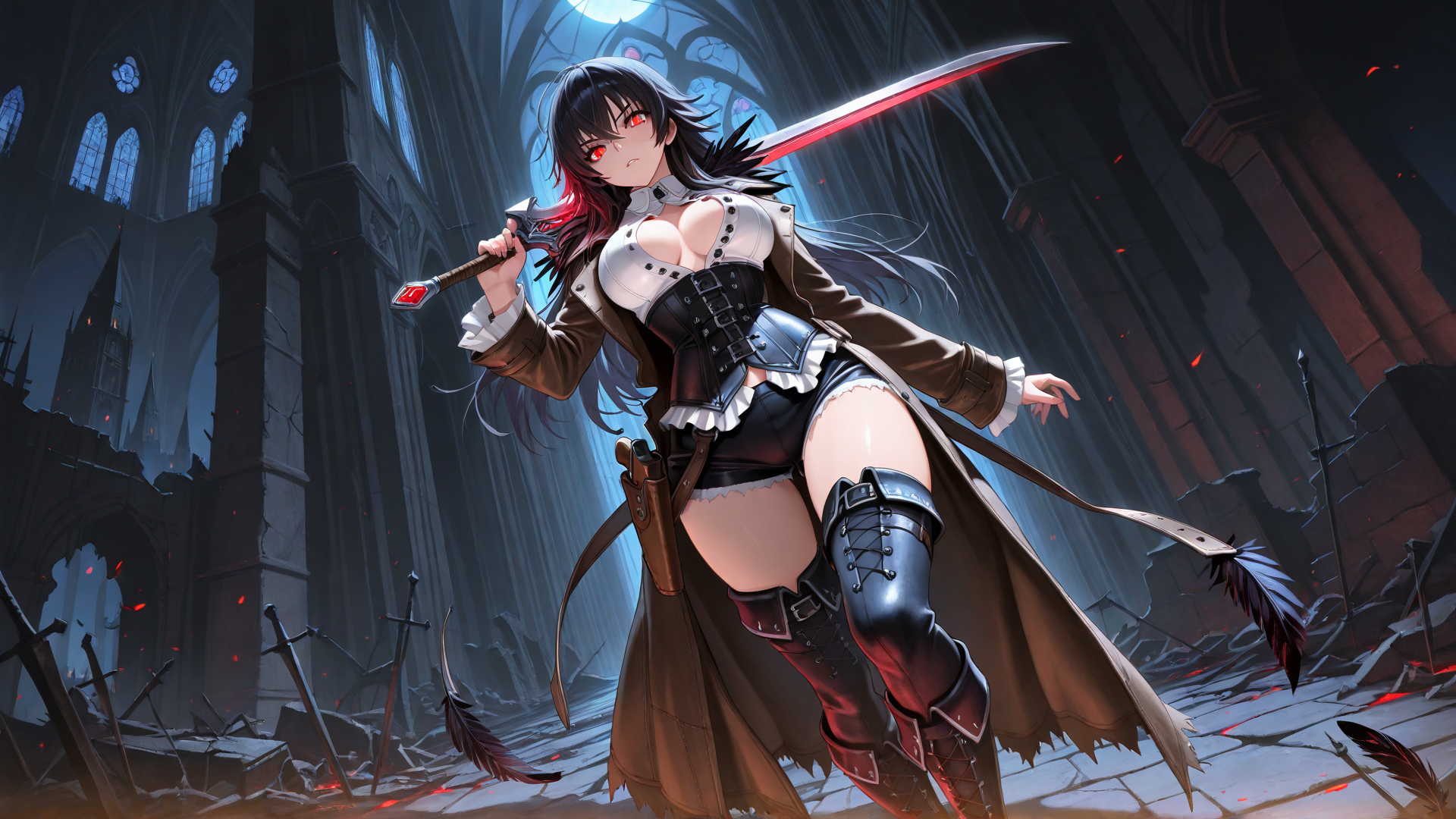 AI generated wallpaper featuring sword, woman, church