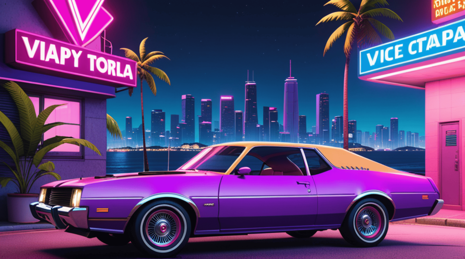 AI generated wallpaper featuring car, neon, city