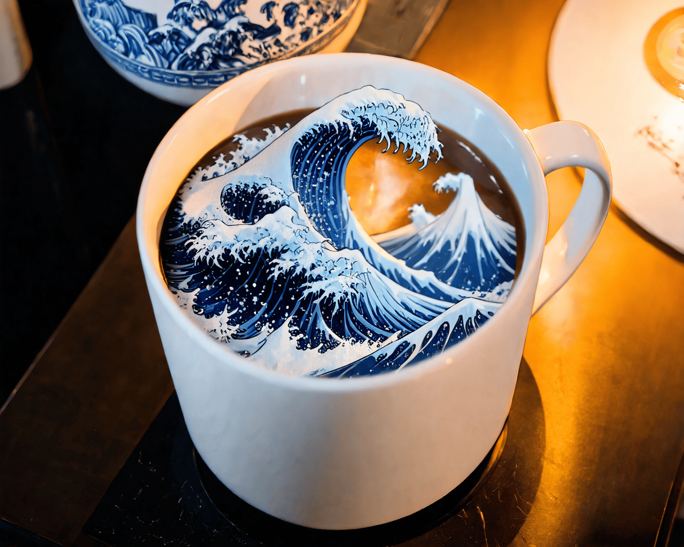 AI generated wallpaper featuring wave, cup, plate