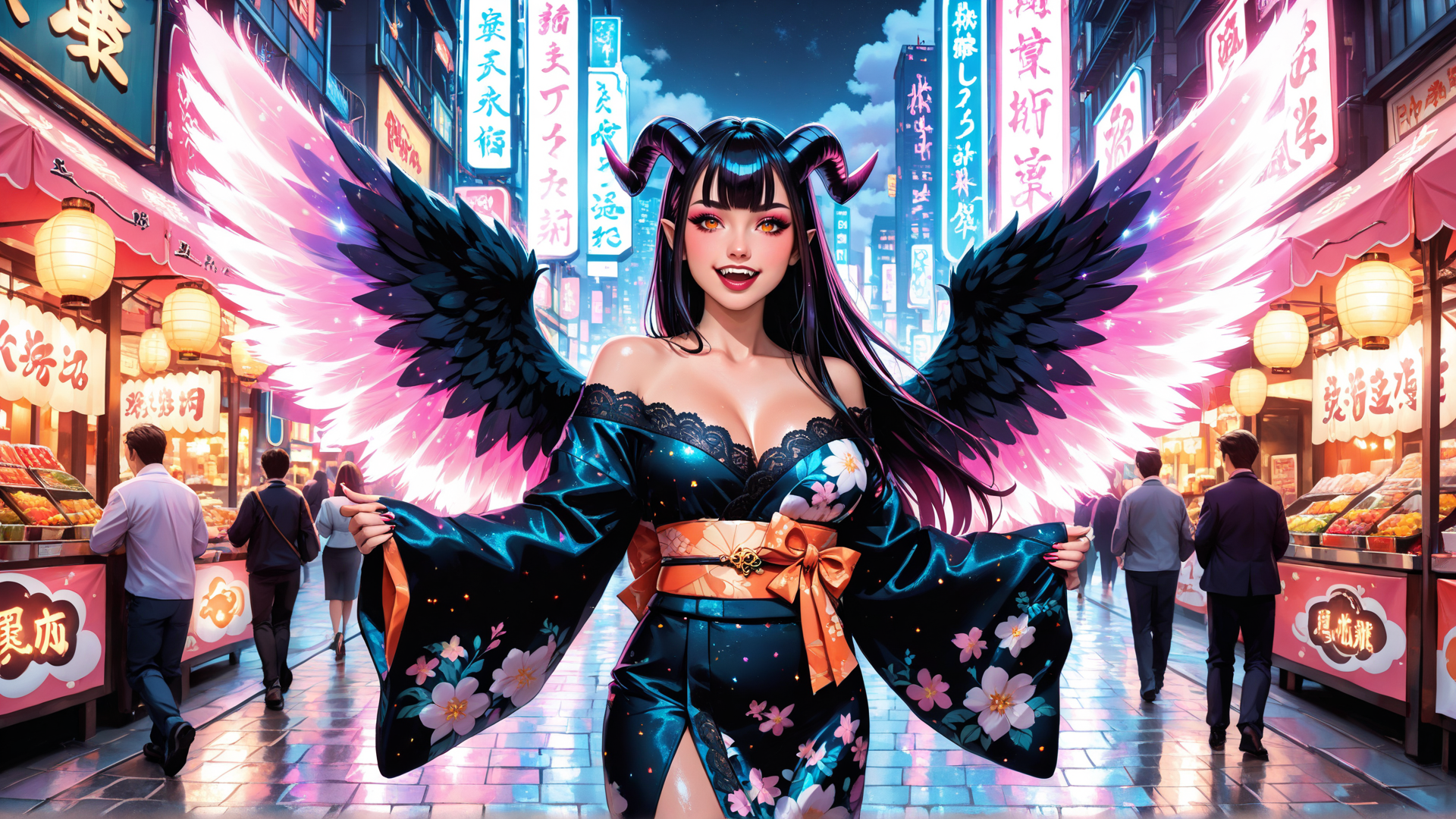 AI generated wallpaper featuring woman, angel, devil, kimono, wings, city, street, signs, people, lanterns