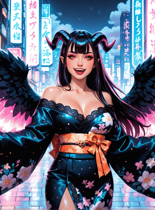 woman, angel, devil, kimono, wings, city, street, signs, people, lanterns