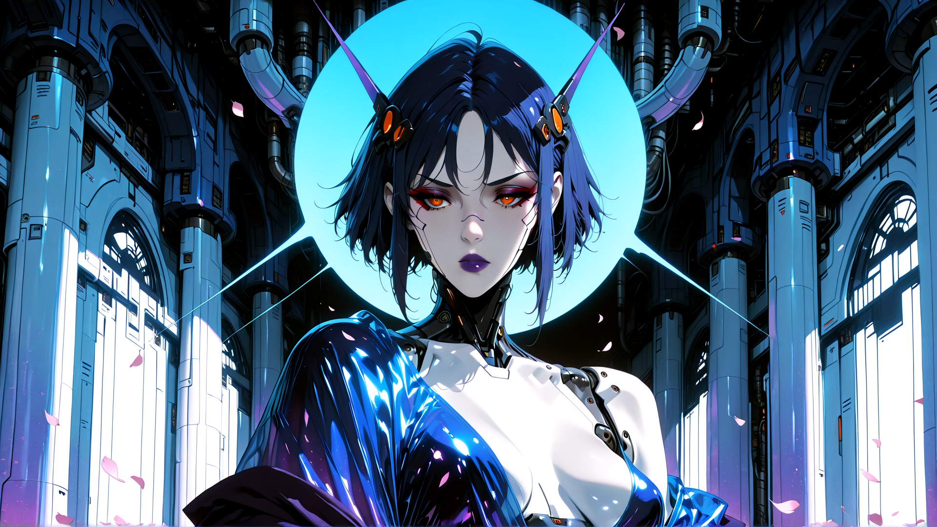 AI generated wallpaper featuring cyborg, robot, anime character, futuristic, woman, mechanical