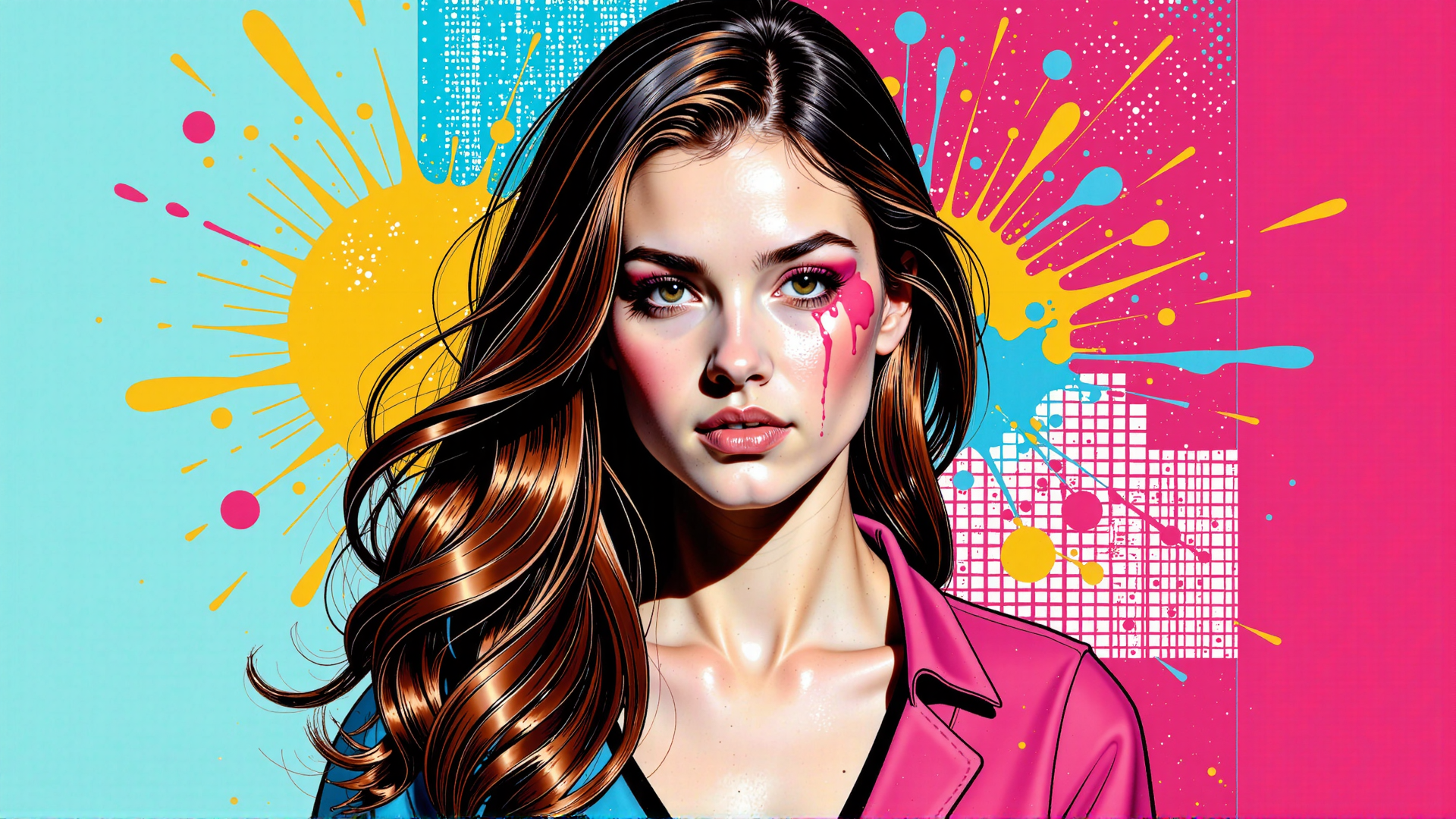 AI generated wallpaper featuring woman, hair, face, sweat, tears, paint, splash
