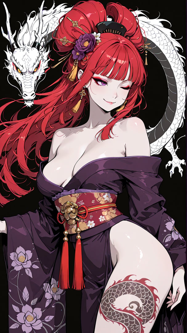 AI generated wallpaper featuring woman, dragon, kimi, kimono, tattoo, hair, flower, jewelry, belt, tassel