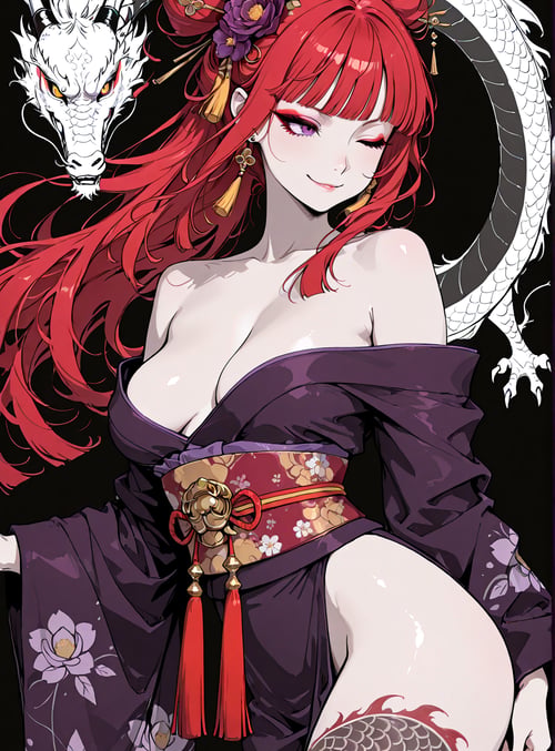 woman, dragon, kimi, kimono, tattoo, hair, flower, jewelry, belt, tassel