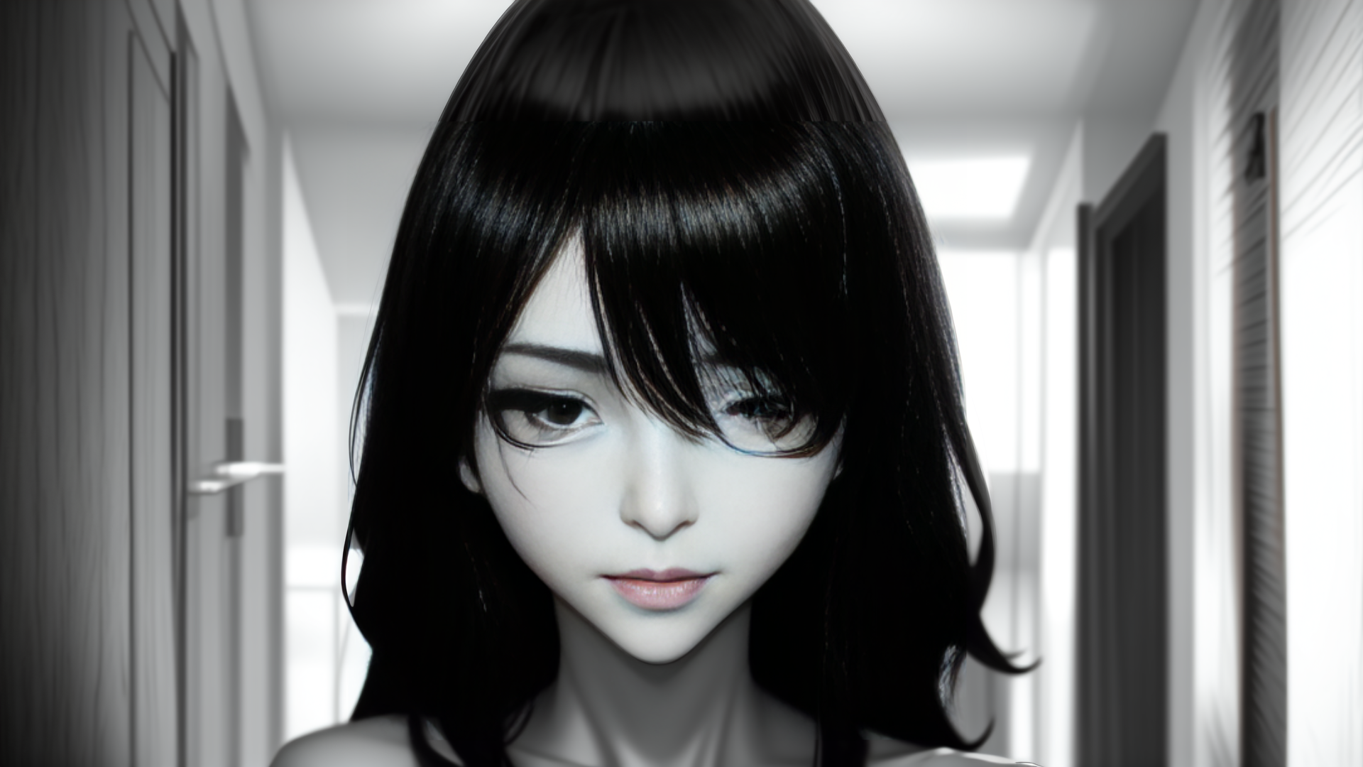 AI generated wallpaper featuring woman, hair, corridor