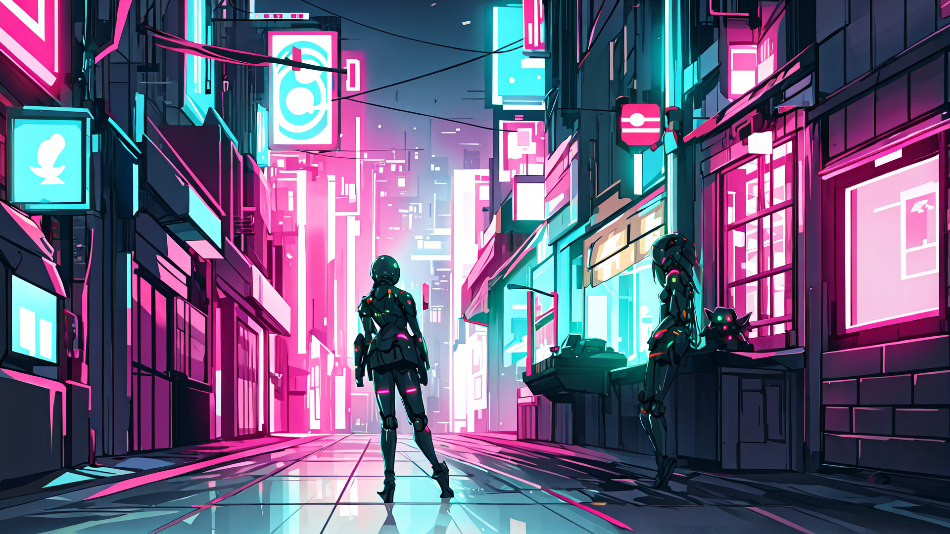 AI generated wallpaper featuring cyborg, neon, city