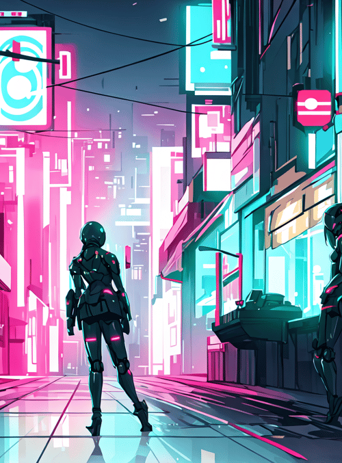 cyborg, neon, city