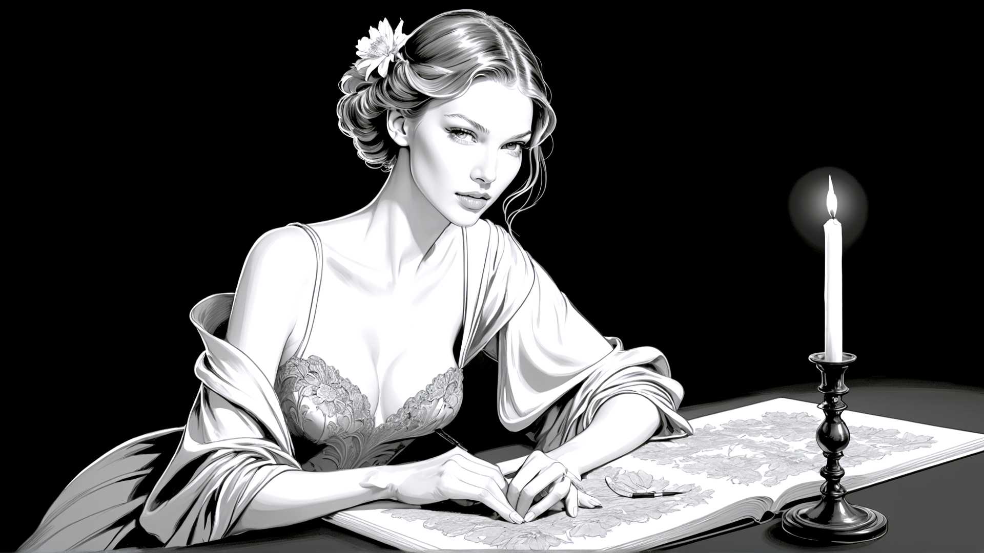 AI generated wallpaper featuring woman, candle, book, flower, dress