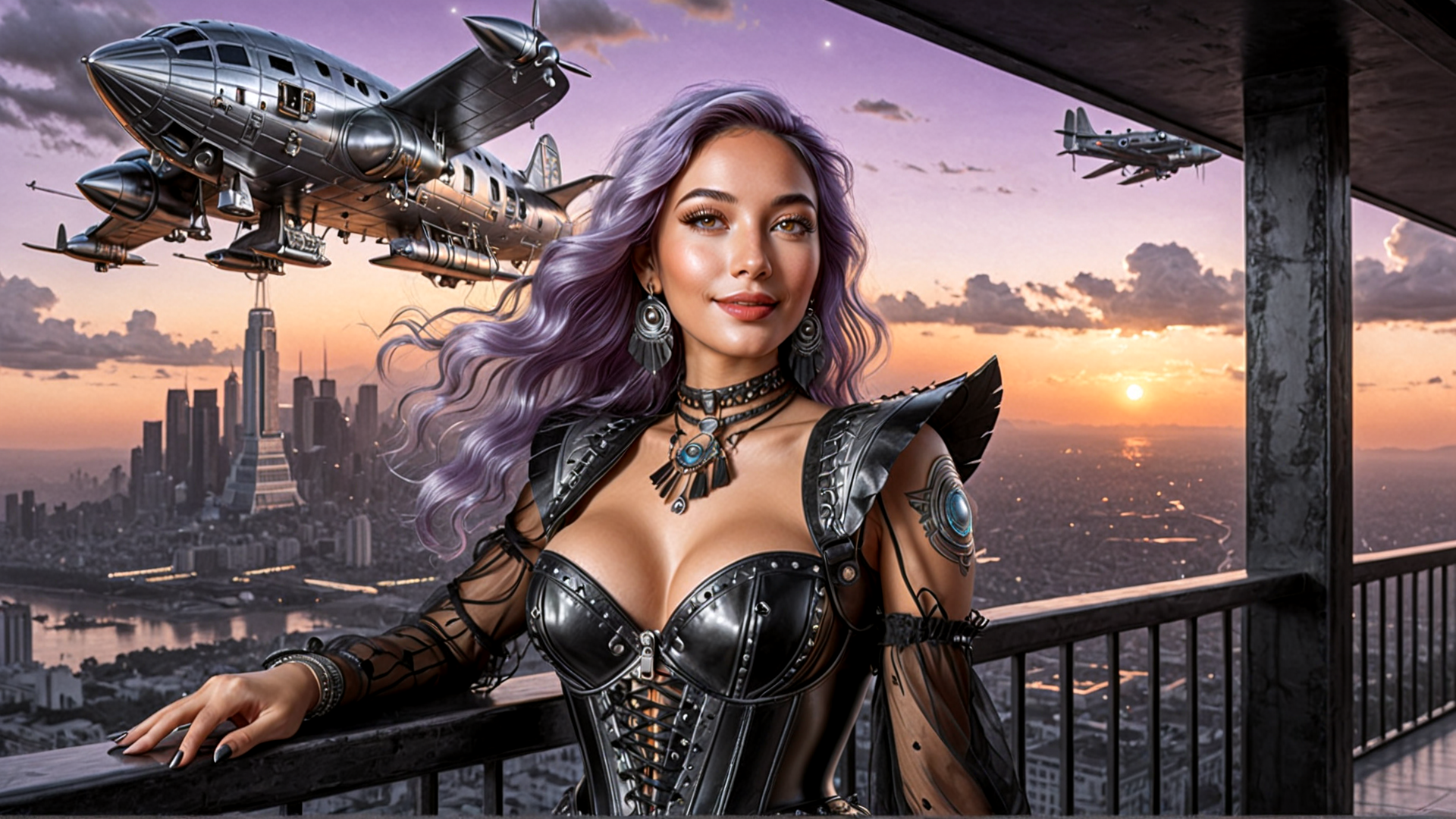 AI generated wallpaper featuring woman, airplane, cityscape, sunset, armor