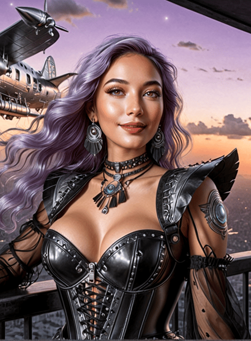 woman, airplane, cityscape, sunset, armor