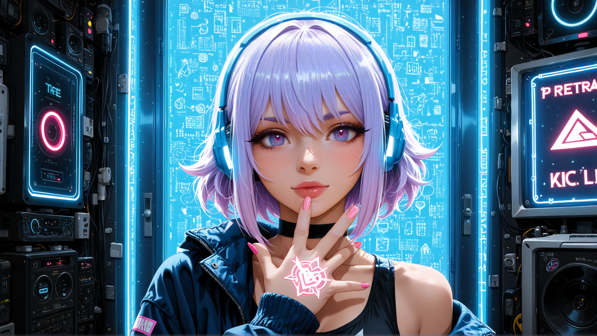 AI generated wallpaper featuring anime girl, headphones, hand