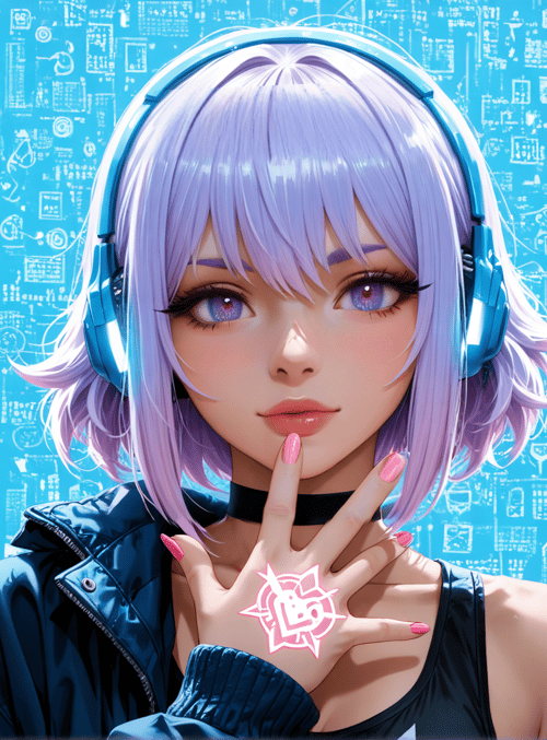 anime girl, headphones, hand