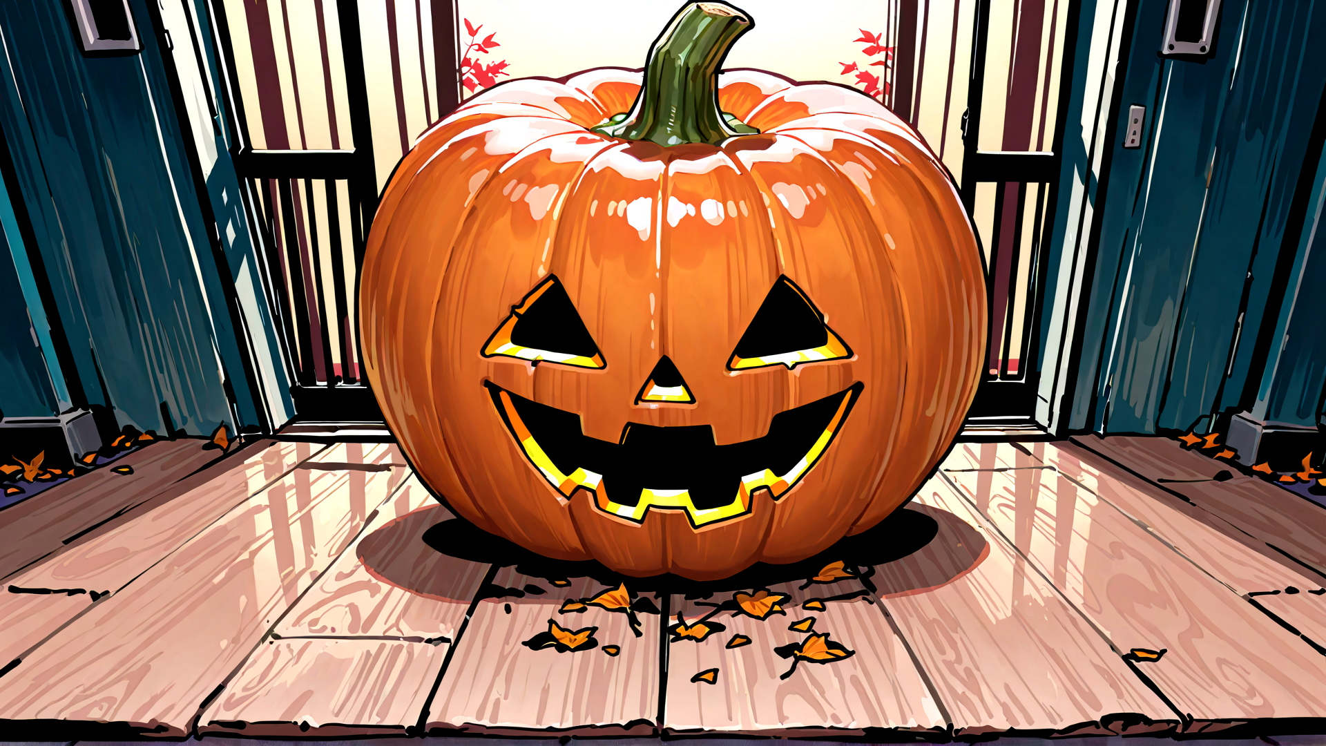 AI generated wallpaper featuring pumpkin, porch, leaves, door