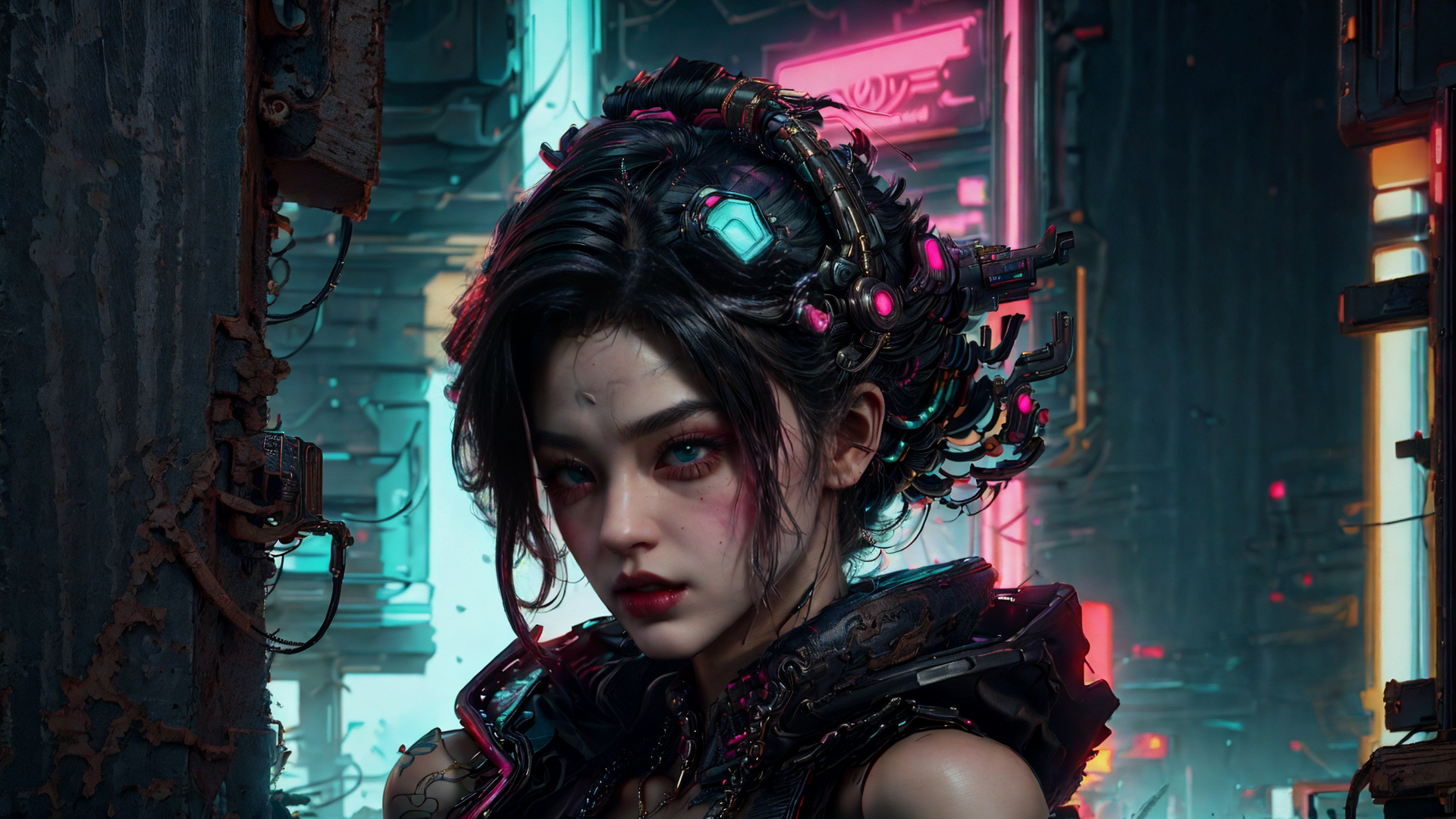 AI generated wallpaper featuring cyborg, woman, neon