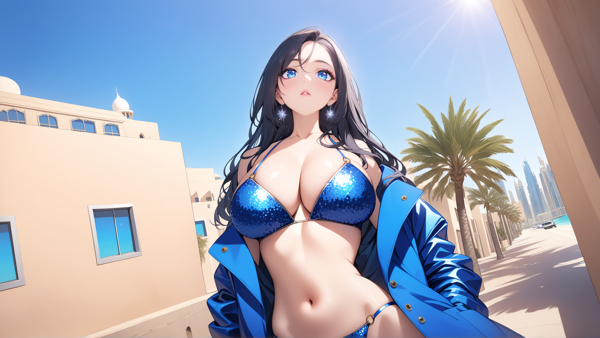 AI generated wallpaper featuring woman, bikini, jacket