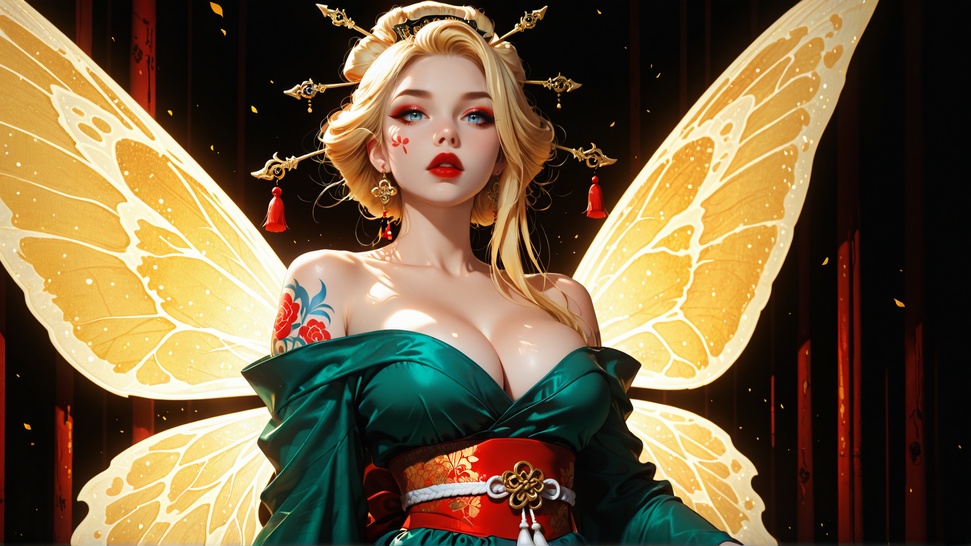 AI generated wallpaper featuring fairy, woman, butterfly wings, tattoo, hair accessory, kimono, ears, nose, face, shoulders