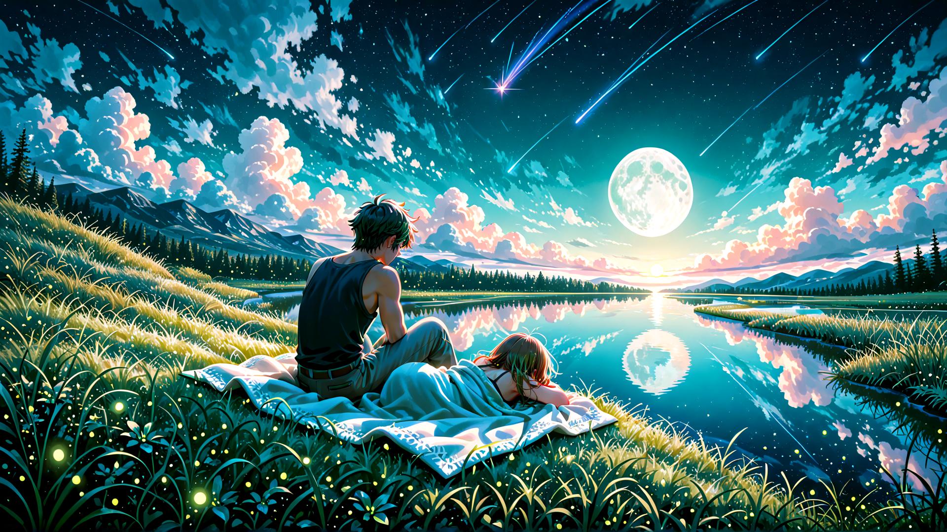 AI generated wallpaper featuring people, moon, stars, lake, grass, clouds, mountains, fireflies, blanket, sunset
