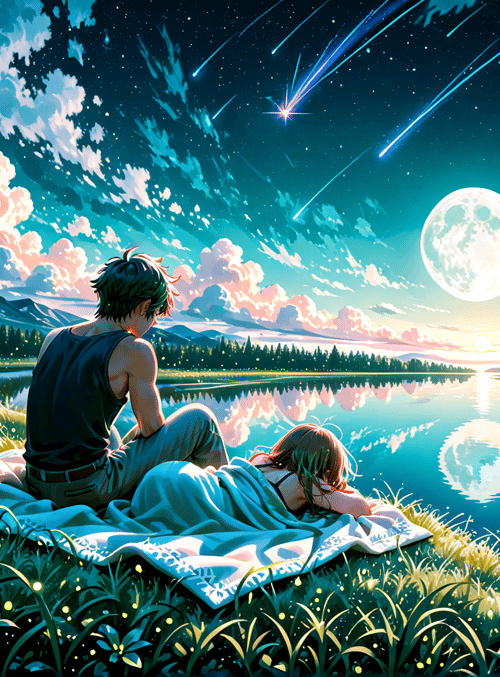 people, moon, stars, lake, grass, clouds, mountains, fireflies, blanket, sunset