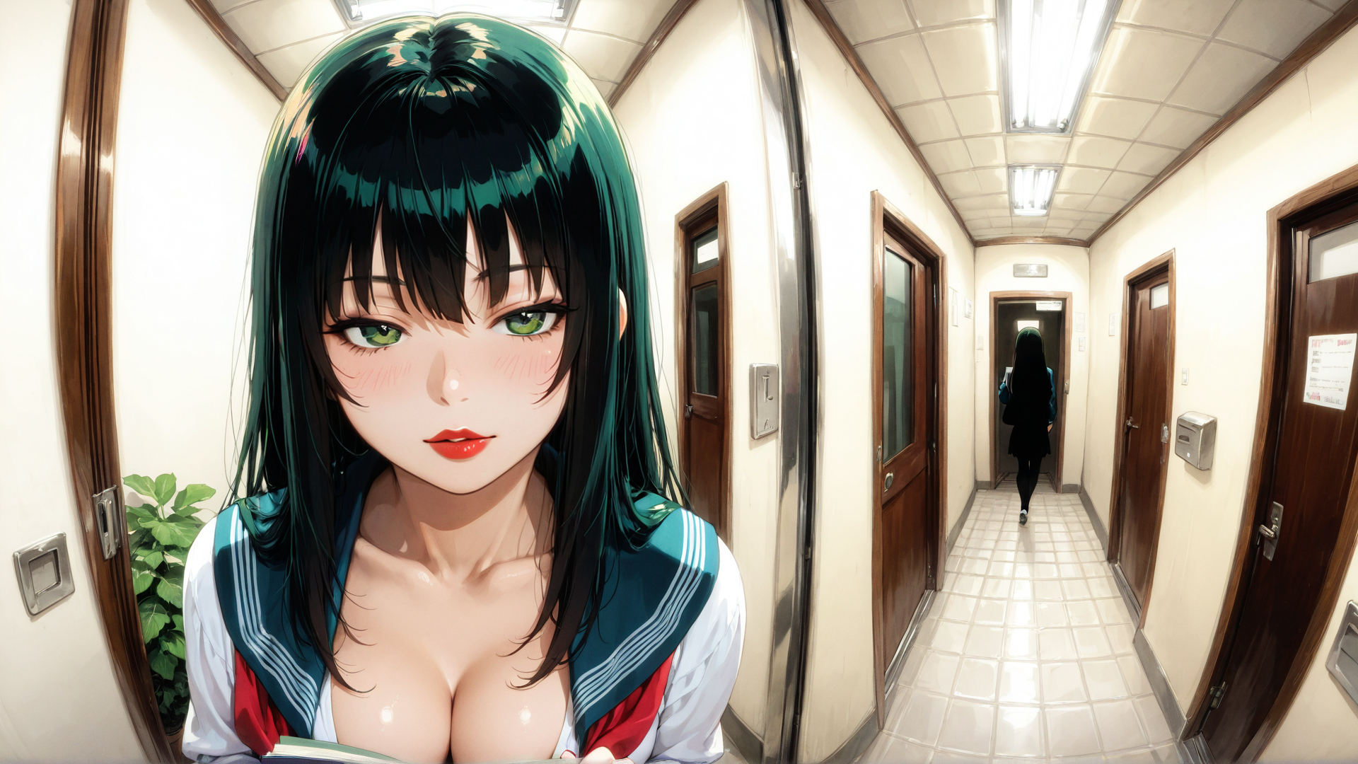 AI generated wallpaper featuring girl, school uniform, corridor, doors, plant, book