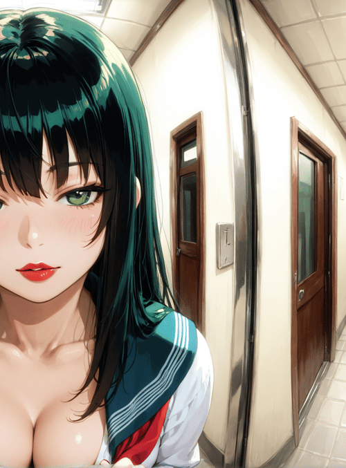 girl, school uniform, corridor, doors, plant, book