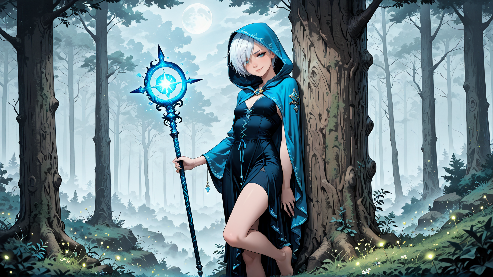 AI generated wallpaper featuring elf, mage, wizard, sorceress, woman, forest, tree, staff, moon, fairy