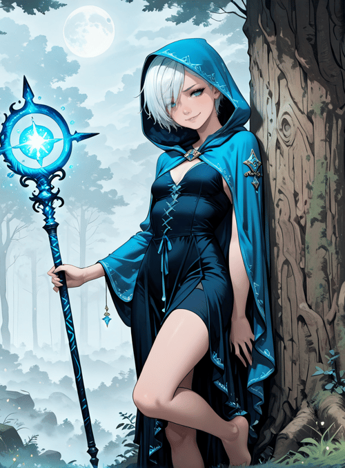 elf, mage, wizard, sorceress, woman, forest, tree, staff, moon, fairy