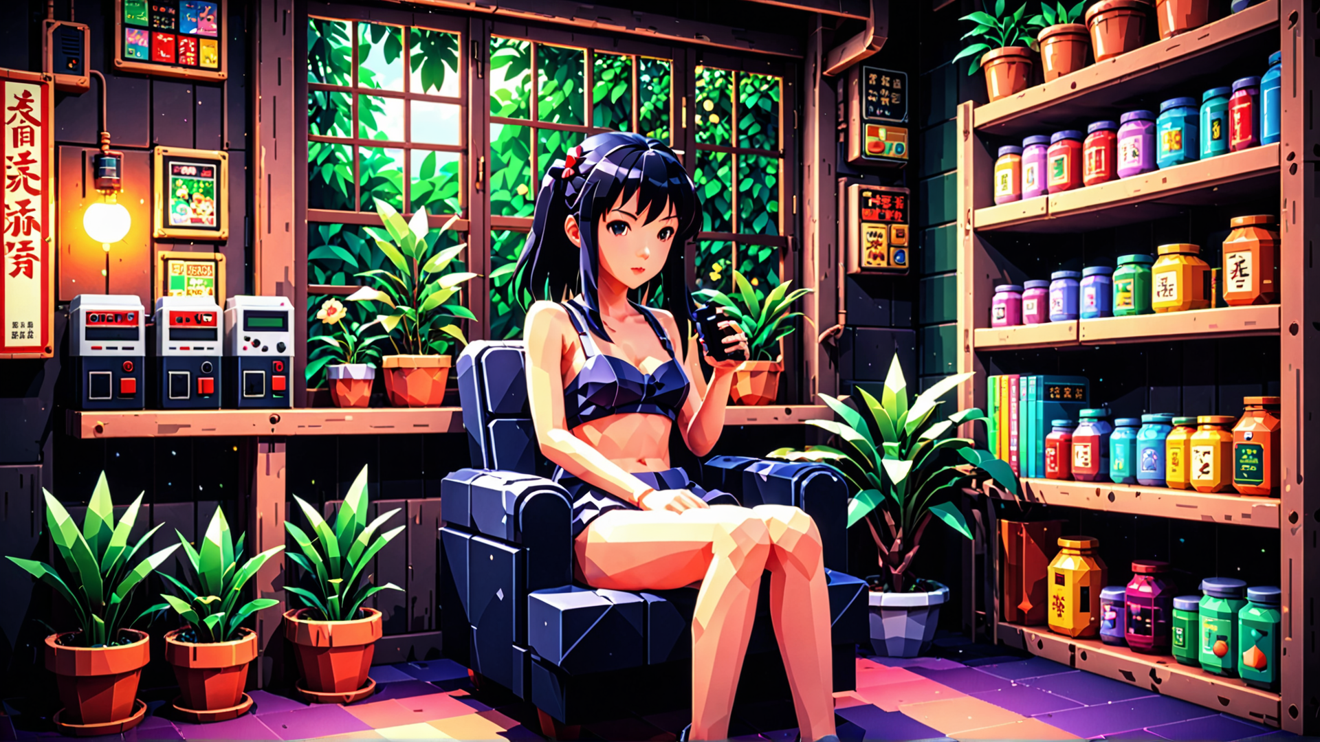 AI generated wallpaper featuring girl, plants, shelves, chair, bottles