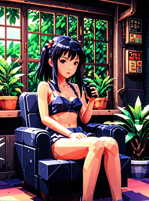 girl, plants, shelves, chair, bottles