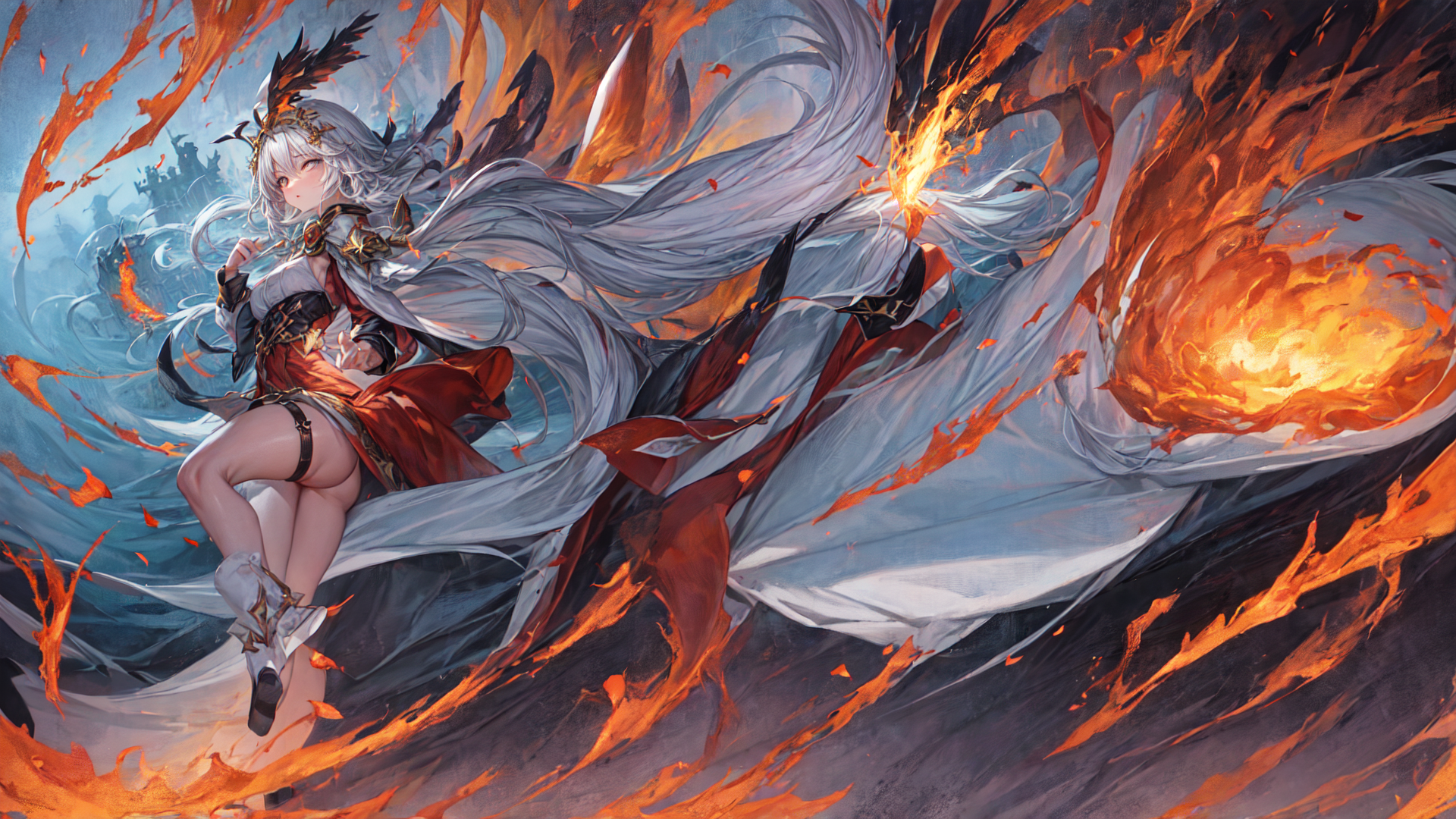 AI generated wallpaper featuring goddess, anime character, fire