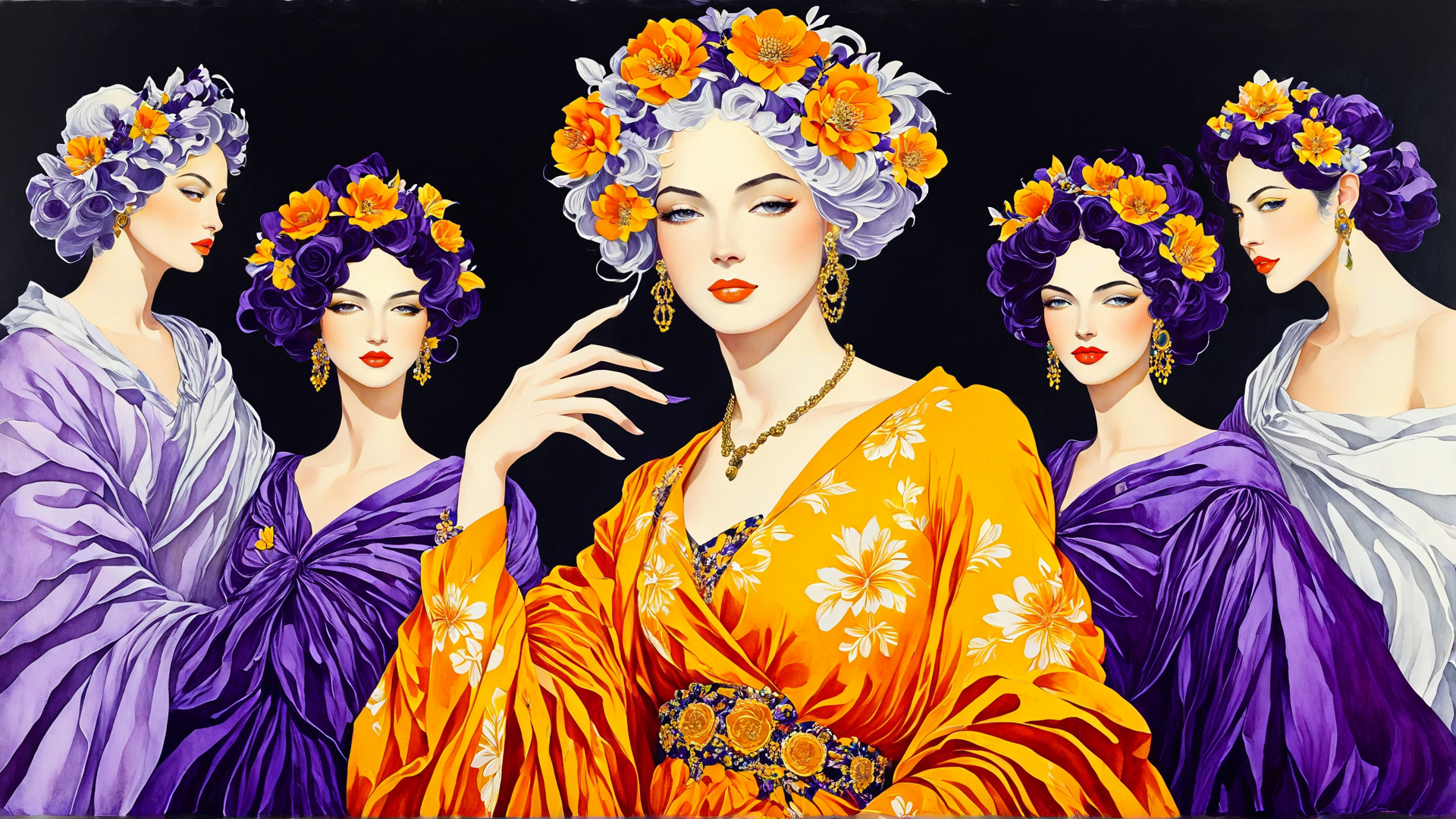 AI generated wallpaper featuring women, flowers, fashion, hair, dress