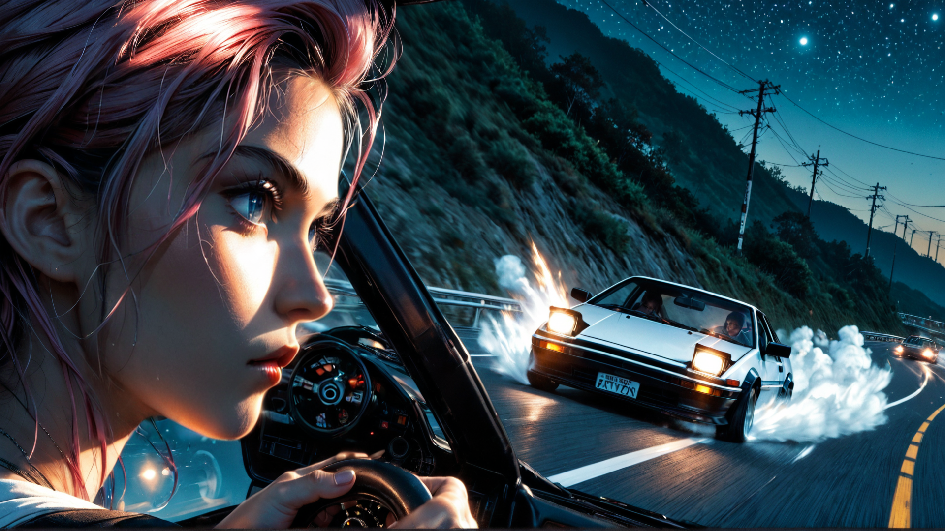 AI generated wallpaper featuring woman, car, road, nissan, smoke, stars, mountains, driver, power, night