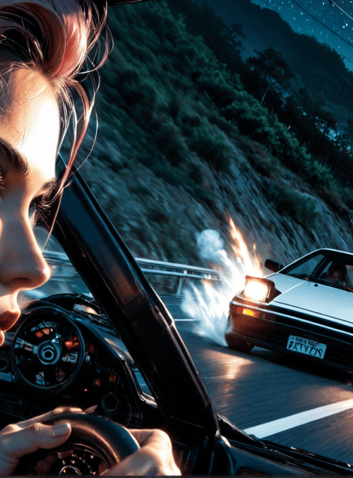 woman, car, road, nissan, smoke, stars, mountains, driver, power, night