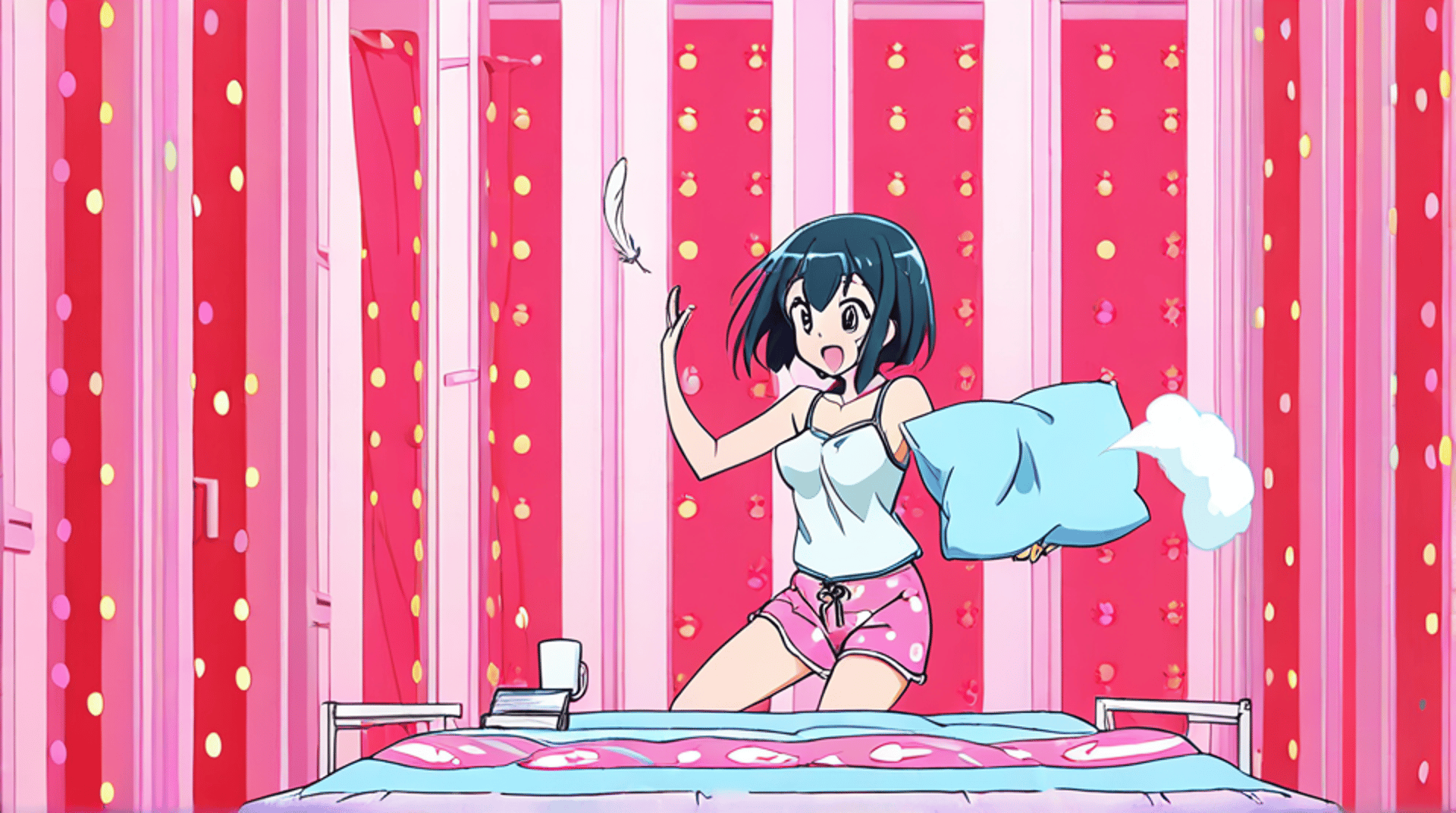 AI generated wallpaper featuring girl, feather, pillow