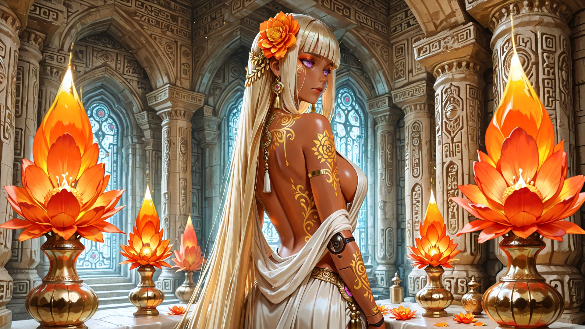 AI generated wallpaper featuring woman, lotus, cathedral, goddess, ornaments