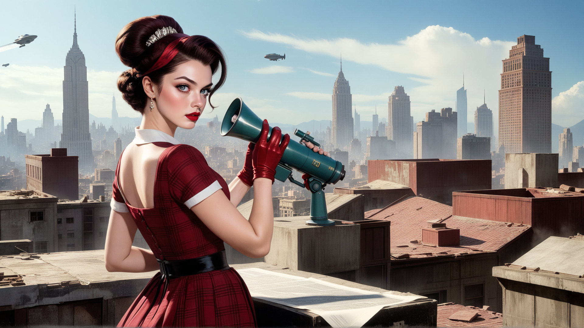 AI generated wallpaper featuring woman, cityscape, telescope