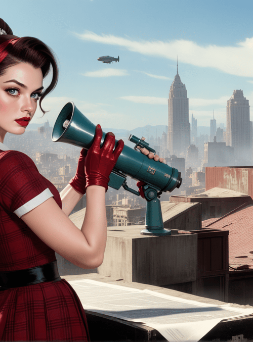 woman, cityscape, telescope