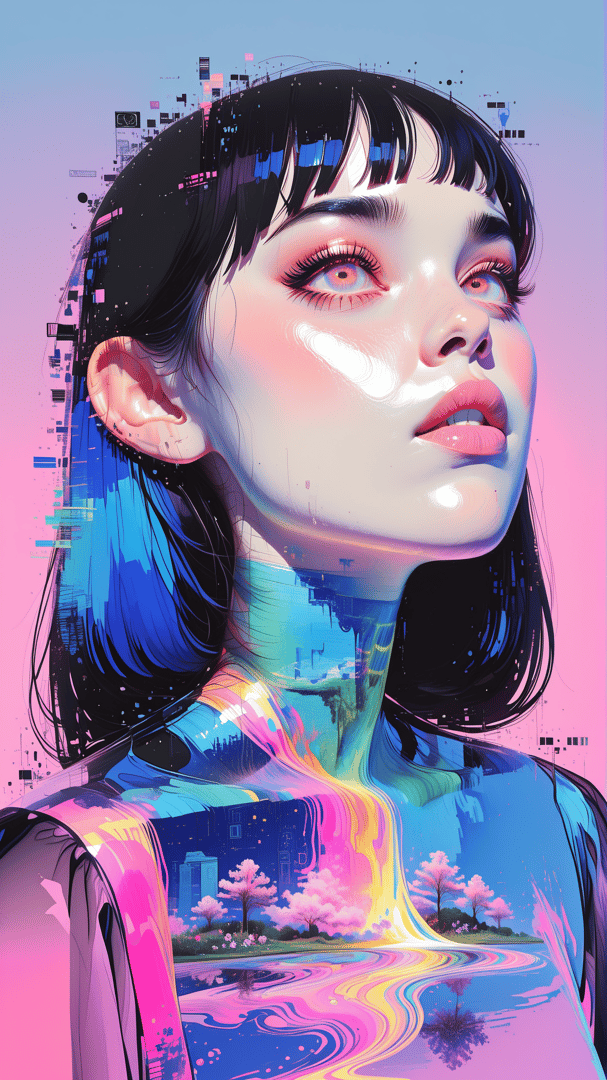 AI generated wallpaper featuring woman, neon, cityscape, nature, digital, art, portrait, cyberpunk, dream, surreal