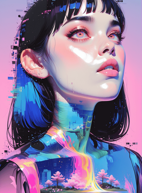 woman, neon, cityscape, nature, digital, art, portrait, cyberpunk, dream, surreal