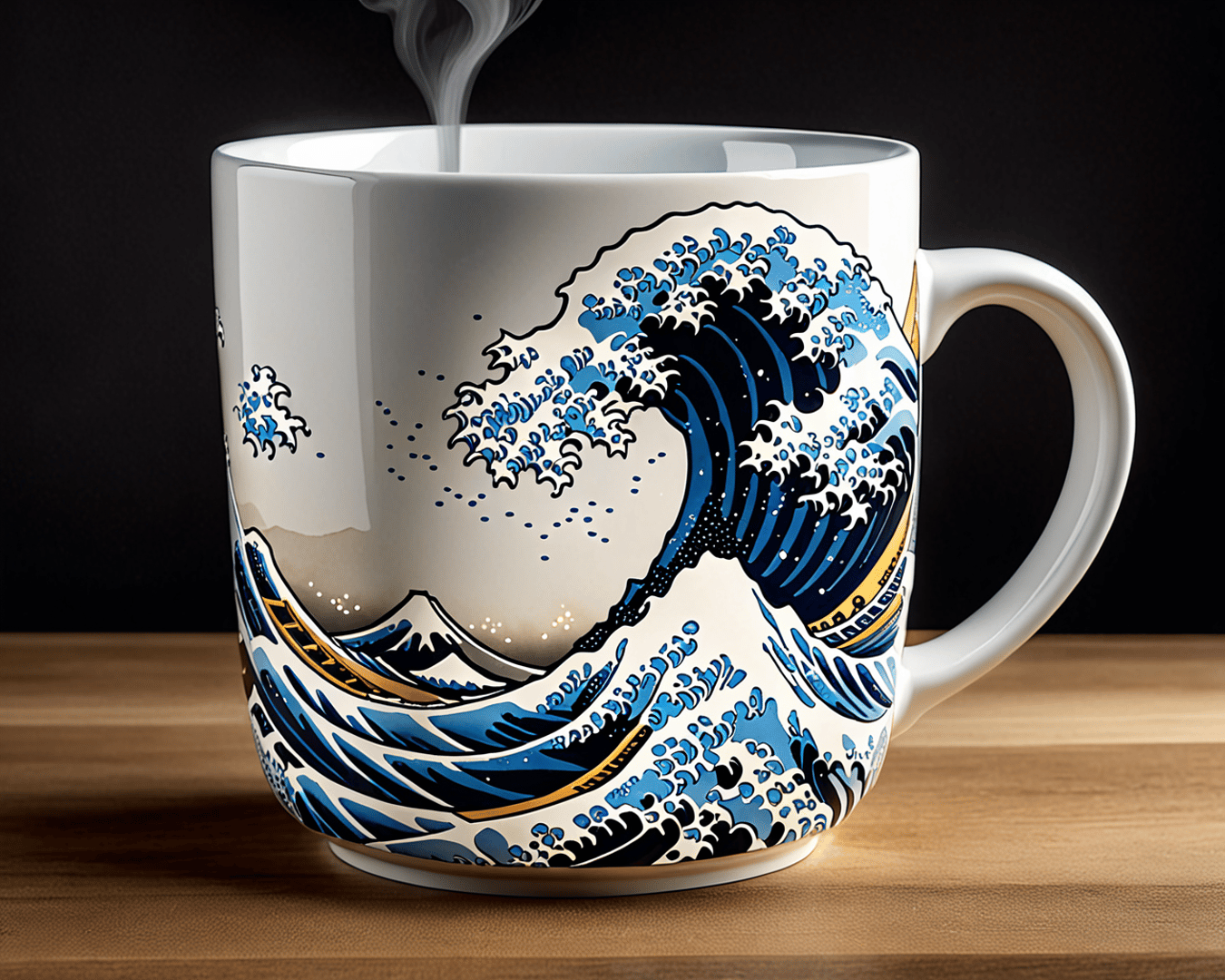 AI generated wallpaper featuring mug, wave, mountain