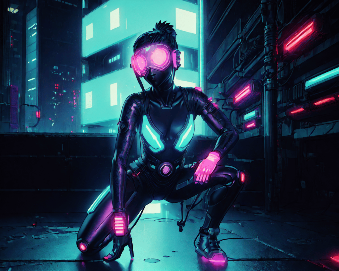AI generated wallpaper featuring cyborg, neon, goggles