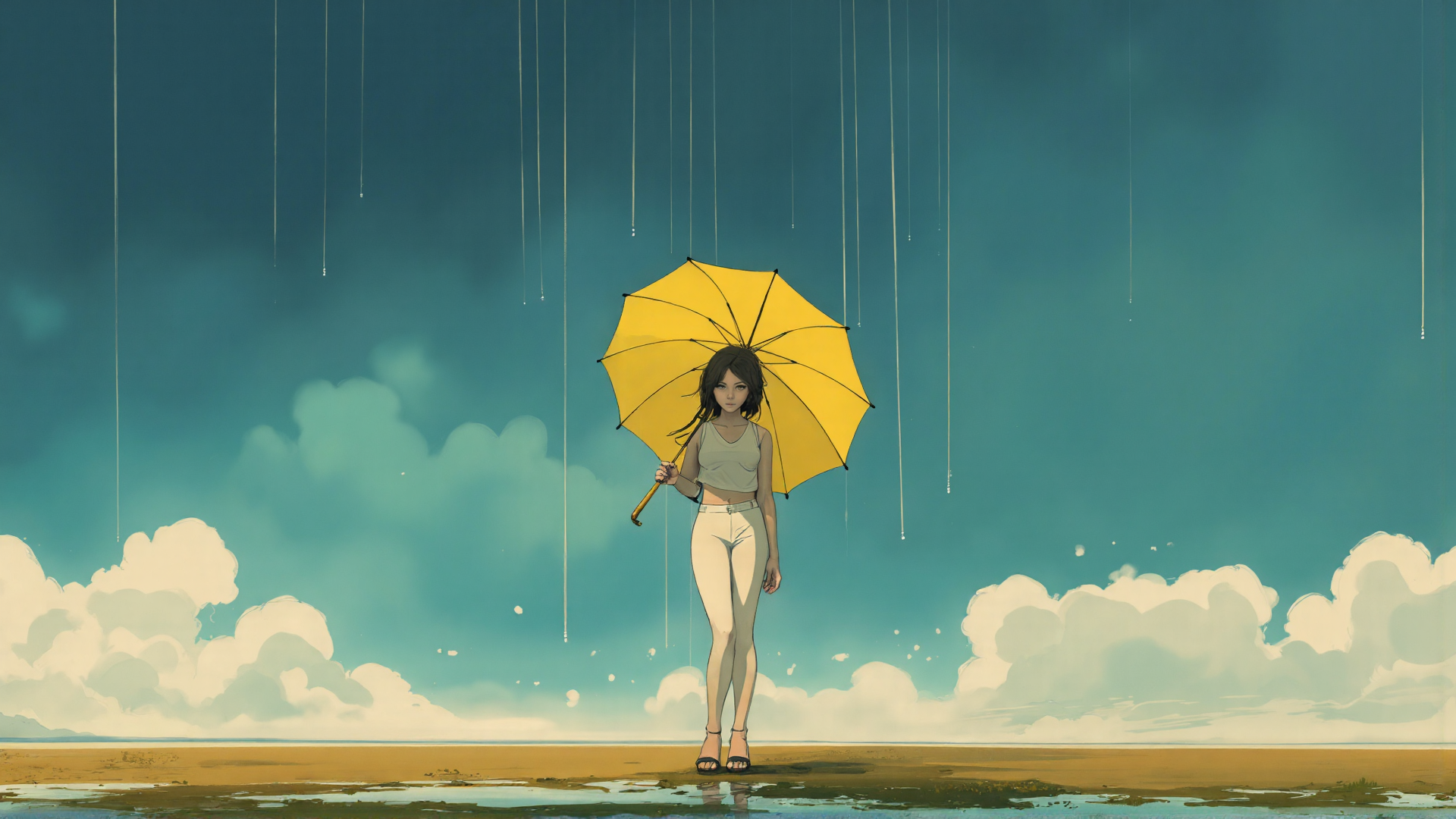 AI generated wallpaper featuring girl, umbrella, rain, cloud, beach
