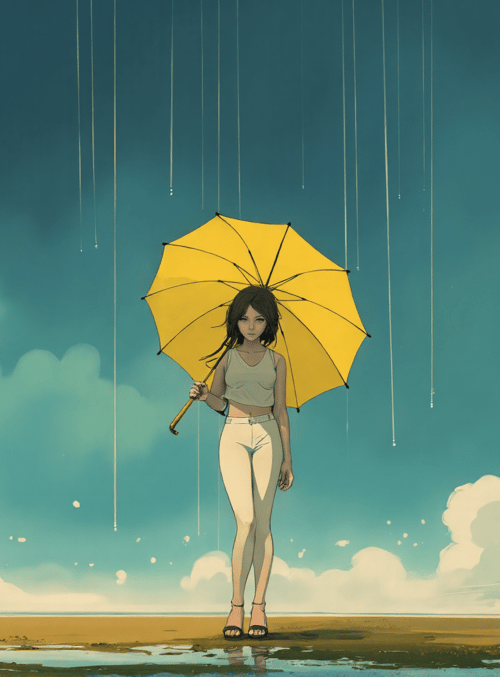 girl, umbrella, rain, cloud, beach