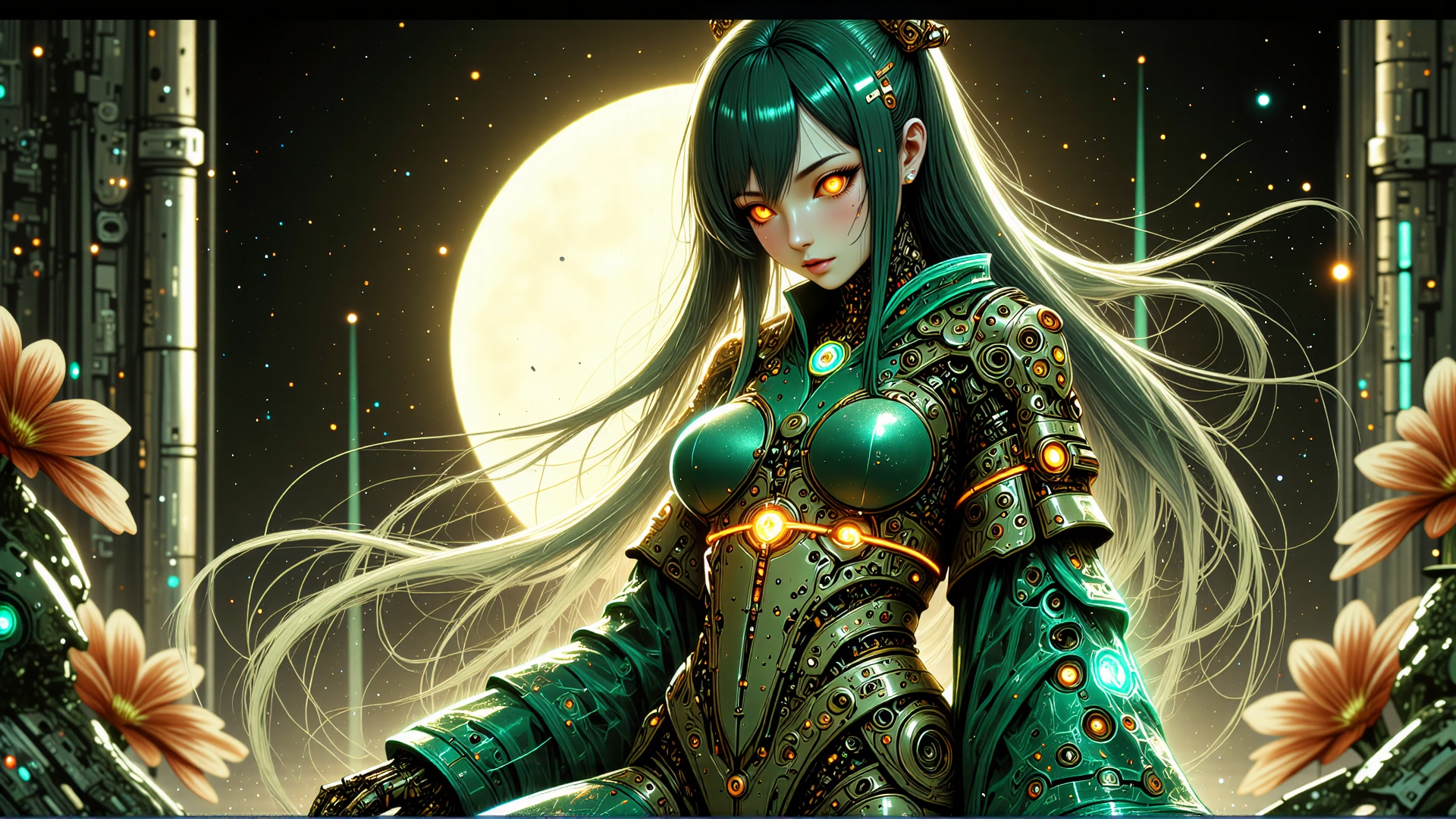 AI generated wallpaper featuring cyborg, woman, robot, armor, flower, moon, hair