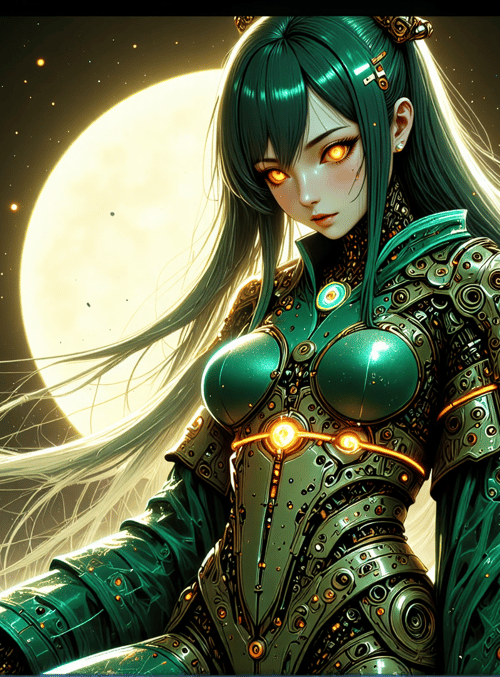 cyborg, woman, robot, armor, flower, moon, hair