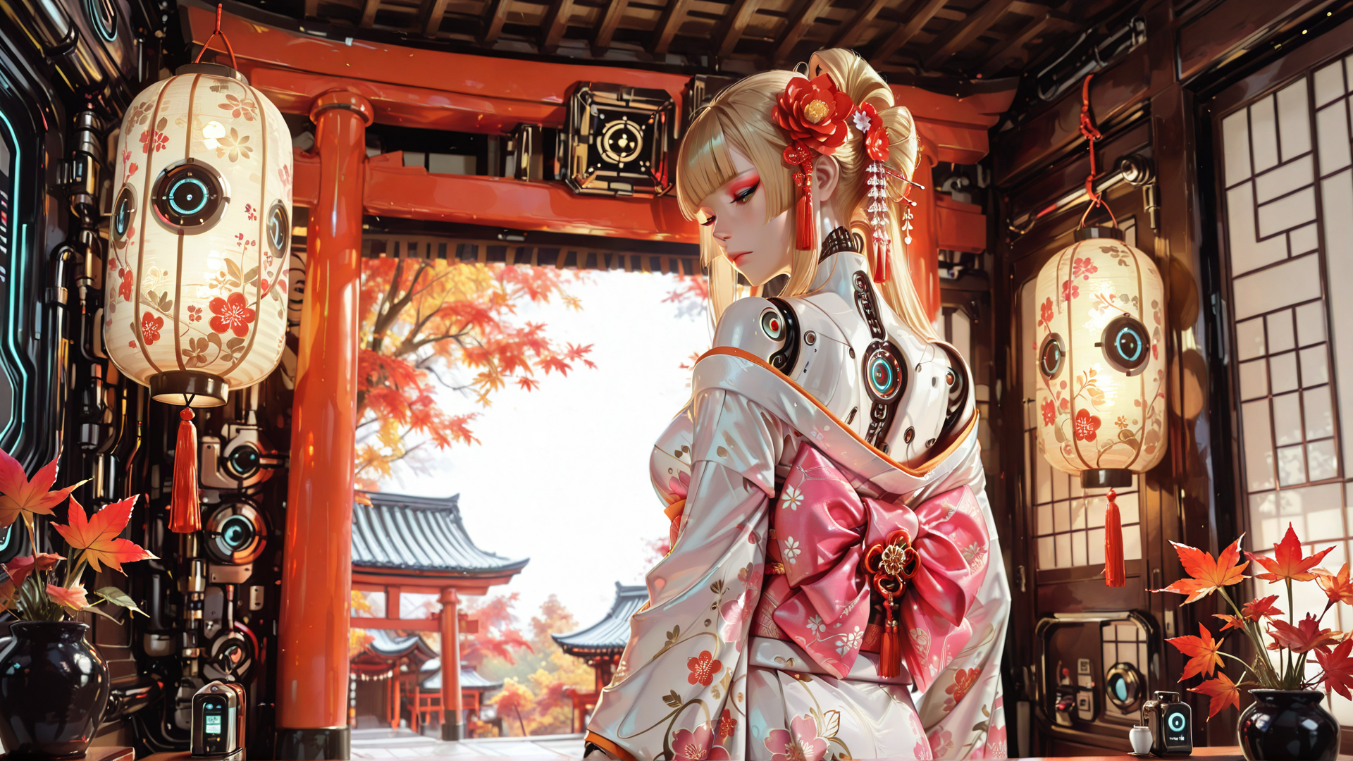 AI generated wallpaper featuring robot, kimono, lantern, cherry blossom, red leaf, building, flower, pavilion, garden, circuit