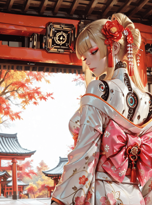 robot, kimono, lantern, cherry blossom, red leaf, building, flower, pavilion, garden, circuit