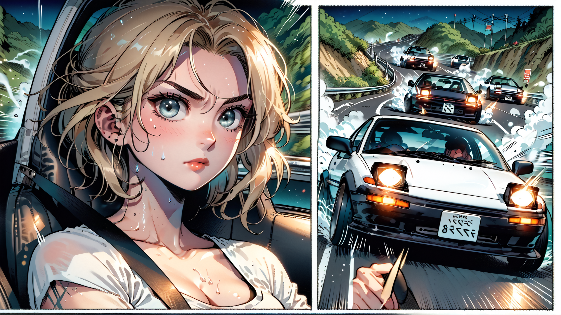 AI generated wallpaper featuring woman, car, road, drifting, sweat, ears, hair