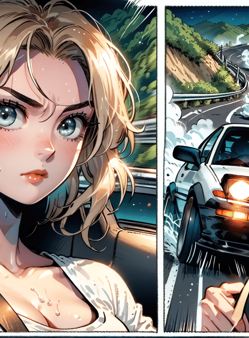 woman, car, road, drifting, sweat, ears, hair