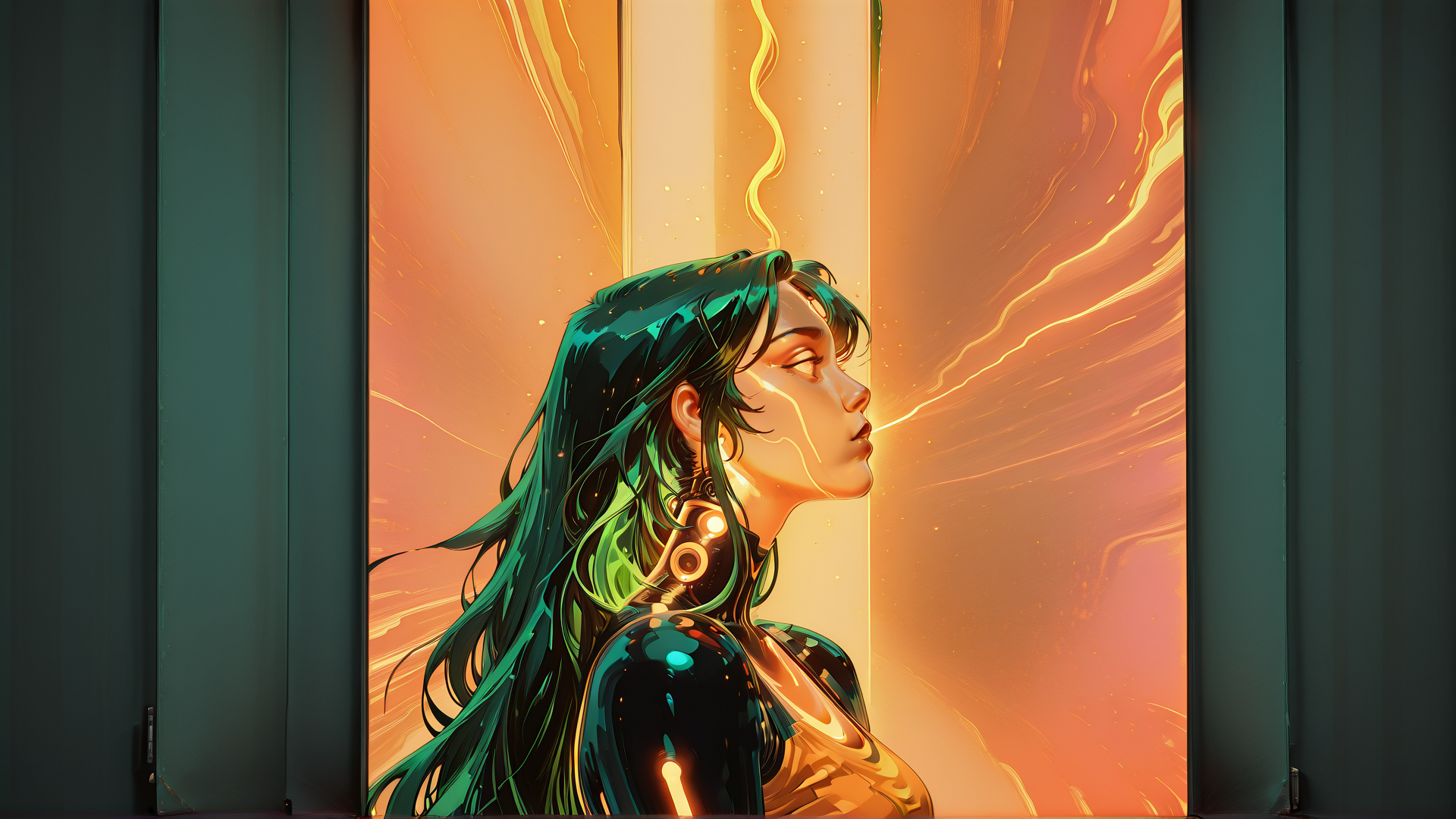 AI generated wallpaper featuring woman, cyborg, hair, earring, neck